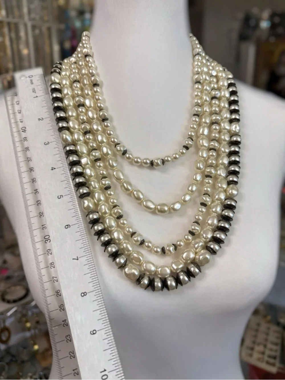 Vintage Chico's Dark Silver Tone 5-Strand Baroque Faux Pearl Statement Necklace